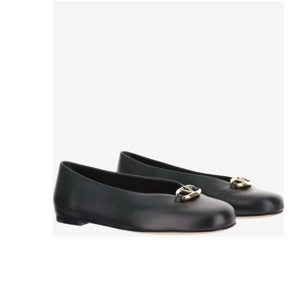 Valentino Garavani Black Flats with Gold Logo